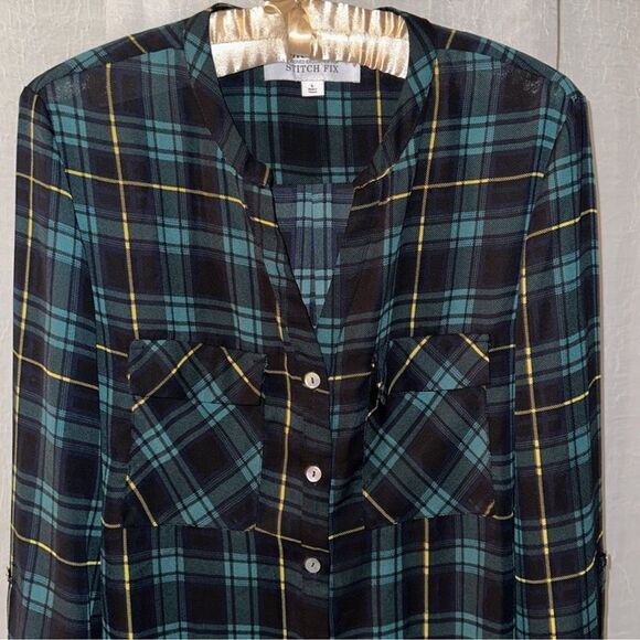 aliceblue x Stitch Fix L Green Black Gold Plaid Button Down Long Sleeve Blouse - Picture 4 of 13